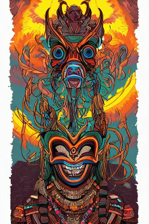 Image similar to totem animal mask tribal feather gemstone plant wood rock shaman vodoo video game vector illustration vivid multicolor borderlands comics by josan gonzales and dan mumford radiating a glowing aura