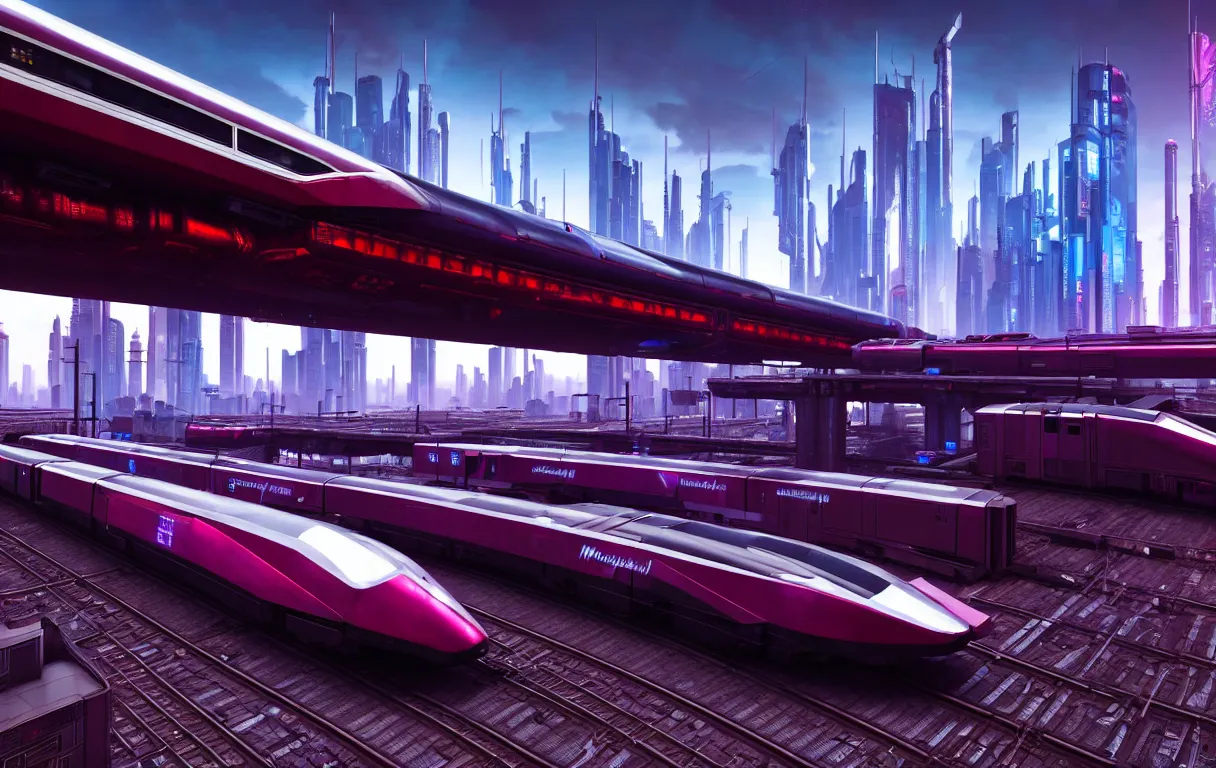 Image similar to cyberpunk maglev train riding though futuristic station, futuristic cityscape in background, gorgeous lighting and metallic reflection, maroon and blue accents, 8k, large scale, high detail, side profile, star citizen area 18, origin 890 jump