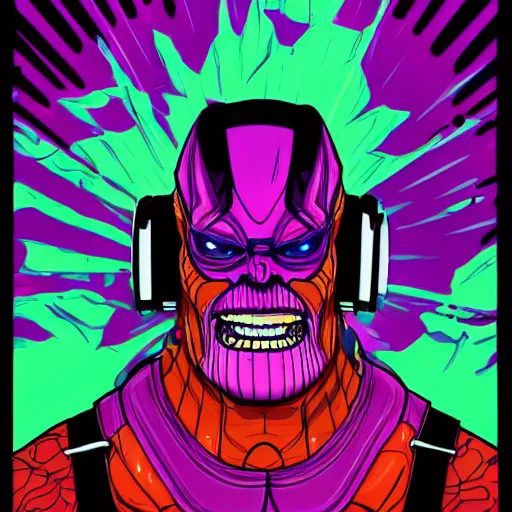 Prompt: artgerm, psychedelic laughing cybertronic thanos, rocking out, headphones dj rave, digital artwork, r. crumb, svg vector