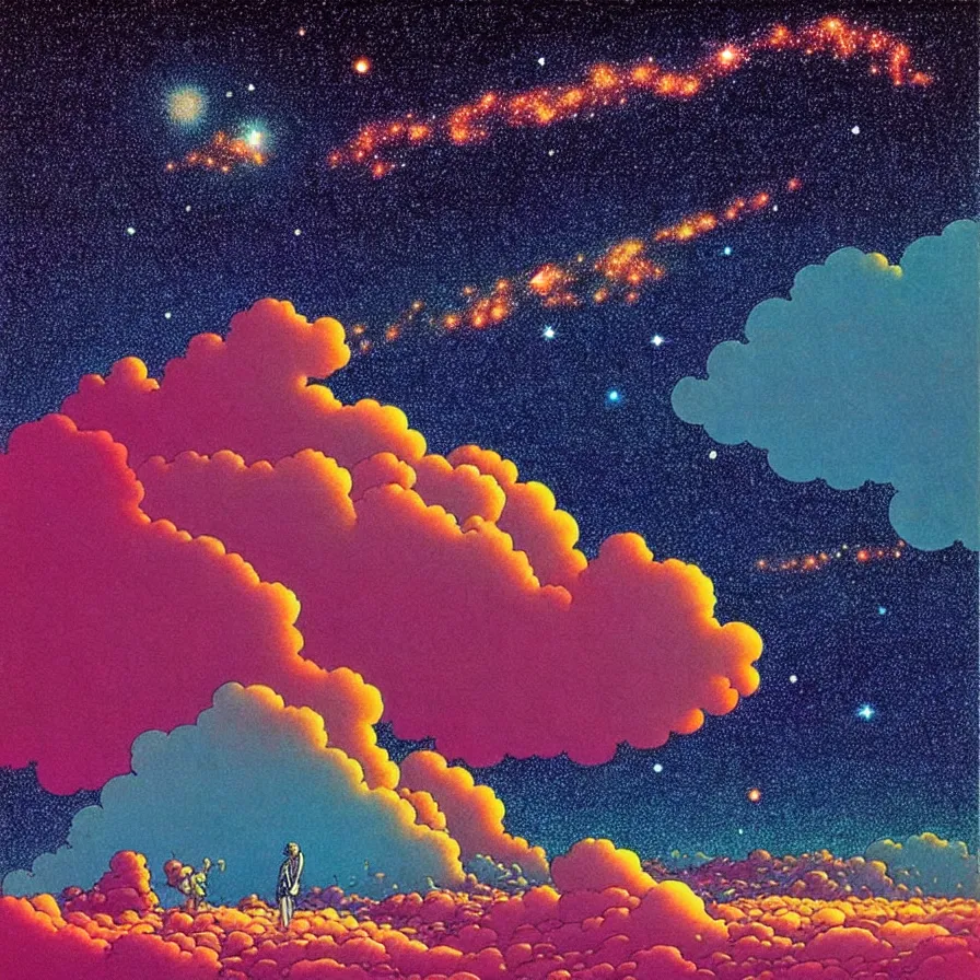 Image similar to ( ( ( ( beautiful starry sky and cloud ) ) ) ) ) by mœbius!!!!!!!!!!!!!!!!!!!!!!!!!!!, overdetailed art, colorful, record jacket, warm tones, bioluminescent