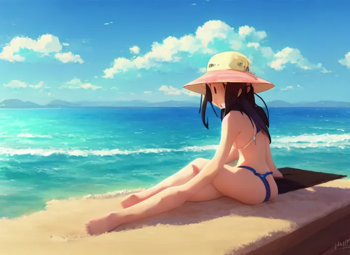 Image similar to a cute girl in a bikini and sunhat sitting on a towel on the beach, rocky mountains far in the distance, fluffy clouds on the horizon, by makoto shinkai an krenz cushart