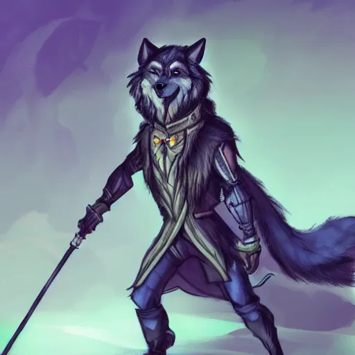 Image similar to wizard is holding a staff as a wolf, dynamic pose, chromatic aberration, medium level shot, fantasy, illustration, concept art,