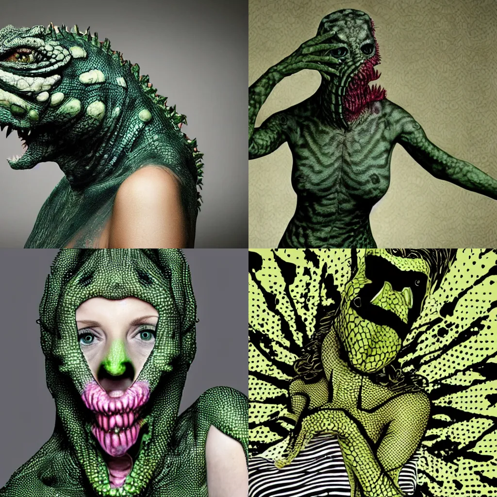 Prompt: A horrific image of a woman mutating into a reptile.