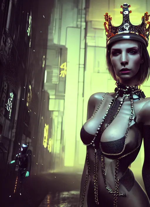 Prompt: 3 / 4 portrait, emma bot queen, crown, futuristic fashion clothing, brunette, long hair, salacious, id magazine, hyperrealism, detailed textures, photorealistic, 3 d cyberpunk apocalyptic city, ultra realistic, cinematic, intricate, cinematic light, unreal engine 8 k, octane render, unreal engine, david kostic, artgerm