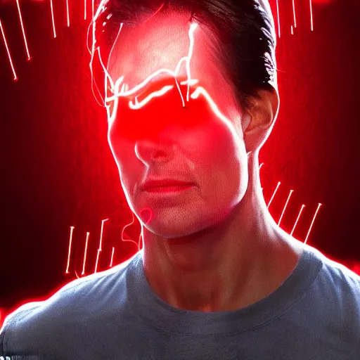 Prompt: Tom Cruise as a digital Cyborg, red wires coming out of his face, red glow in eye, sci-fi movie digital art