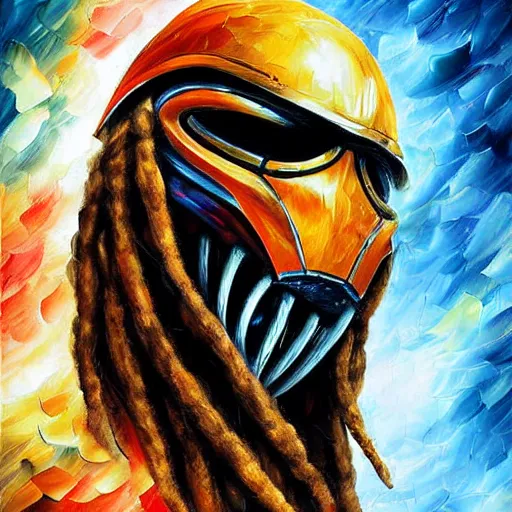 Prompt: digital painting of The Predator by Leonid Afremov, dreadlocks, alien helmet and armor