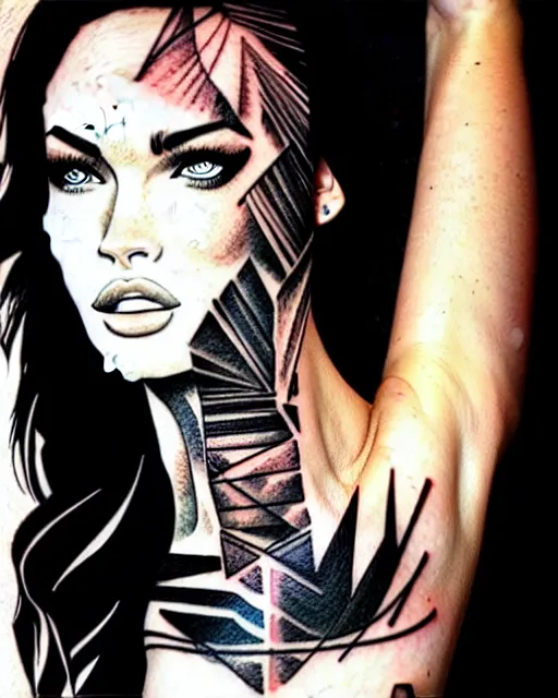 Image similar to double exposure tattoo sketch of megan fox with a mountain background, in the style of matteo pasqualin, amazing detail, sharp