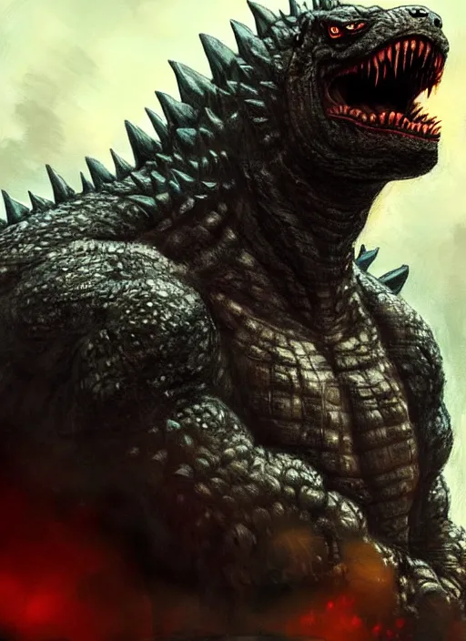 Image similar to portrait of angry godzilla, beautiful face, hyper realistic, highly detailed, digital painting, artstation, illustration, concept art by hyung tae and frank frazetta, digital paint, matte paint, washed colors, eating cakes, dark, gloomy, foggy