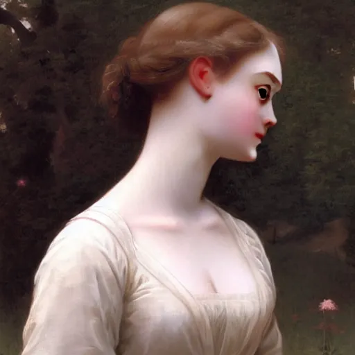 Image similar to A masterpiece head and shoulders portrait of Elle Fanning by William Adolphe Bouguereau and Makoto Shinkai