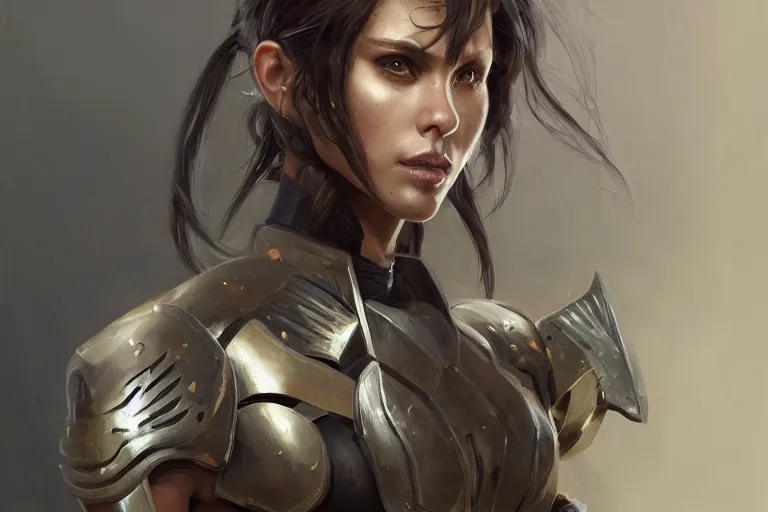 Image similar to a portrait of an attractive young woman, clothed in battle armor, olive skin, long dark hair, beautiful bone structure, symmetrical facial features, intricate, elegant, highly detailed, digital painting, trending on Artstation, concept art, smooth, sharp focus, illustration, from Metal Gear by Ruan Jia and Mandy Jurgens and Artgerm and greg rutkowski and william-adolphe bouguerea, award winning