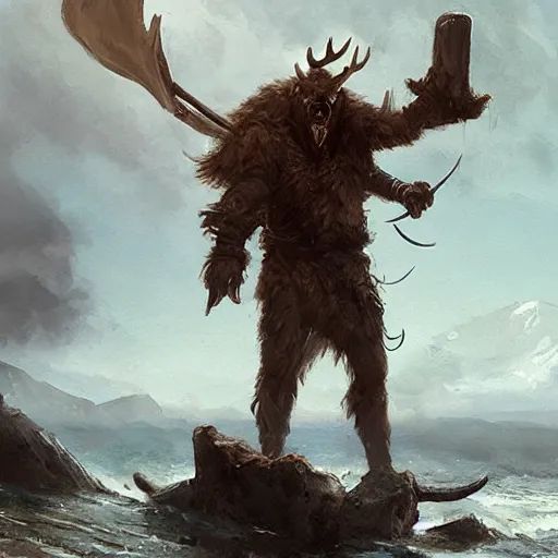 Image similar to anthropomorphic moose barbarian humanoid by greg rutkowski, pirate ship, sea, fantasy