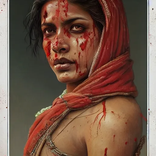 Prompt: portrait painting of a bloodied indian female butcher from behind, ultra realistic, concept art, intricate details, eerie, highly detailed, photorealistic, octane render, 8 k, unreal engine. art by artgerm and greg rutkowski and alphonse mucha