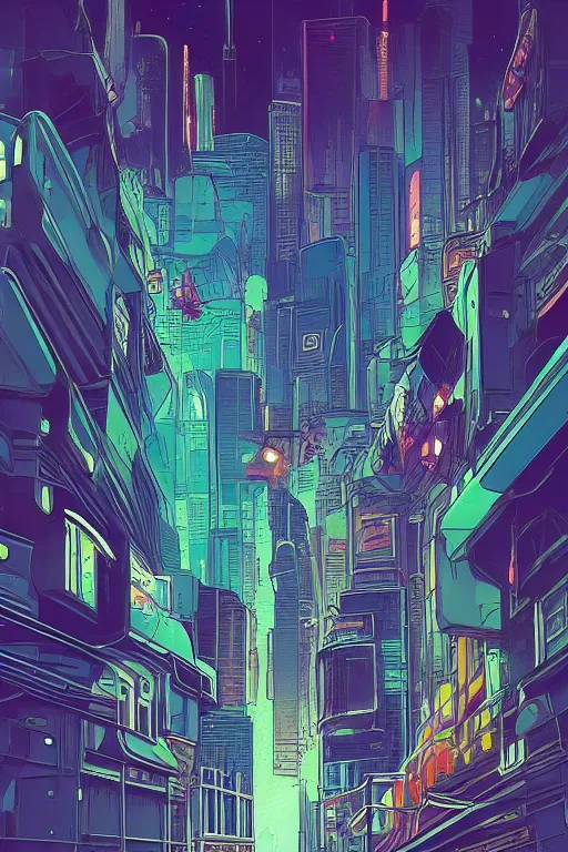 Image similar to astronaut cyberpunk surreal upside down city, neon lights, flat colors, cell shaded by moebius, Jean Giraud, trending on artstation