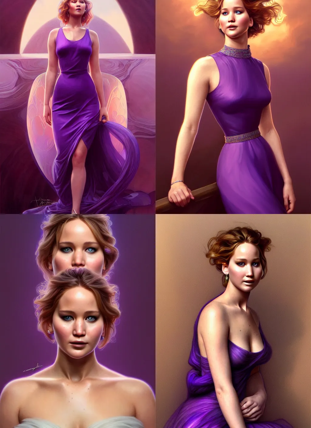 Prompt: jennifer lawrence, royal purple dress, path traced, octane render, highly detailed, high quality, digital portrait by artgerm, hd, alphonse mucha, tom bagshaw