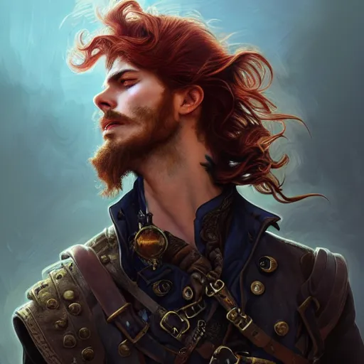 Image similar to portrait of a young rugged steampunk pirate, male, handsome, masculine, full body, red hair, long hair, soft hair, fantasy, intricate, elegant, highly detailed, steampunk, airship, digital painting, artstation, concept art, character art, smooth, sharp focus, illustration, art by artgerm and greg rutkowski and alphonse mucha