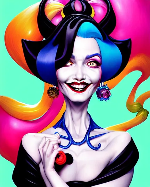 Prompt: digital art, centered portrait of smiling cruella deville, happy, colorfull, joyeous by james jean and by artgerm, by ross tran, ultradetailed, charachter design, concept art, trending on artstation,