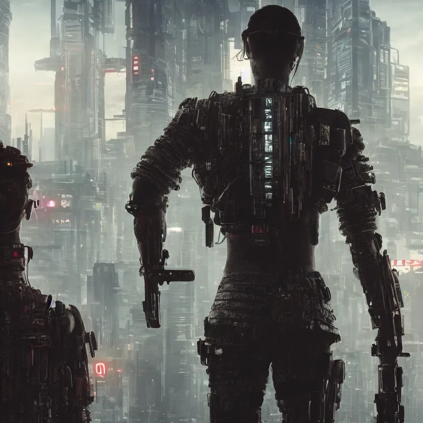 Image similar to closeup portrait of a beautiful guard dystopian cyberpunk seen from the back ultra realistic 4K