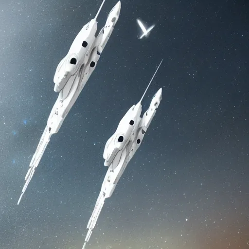 Image similar to two sleek white very long intricate spacecraft, flying in formation, no wings, highly detailed, photorealistic, cinematic, sci-fi, octane render, bird\'s eye view, background of stars and galaxies