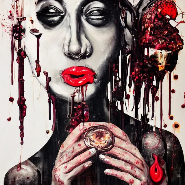 Prompt: black walls, apartment of an art student, sensual portrait of a woman holding a brain, mangosteen, honey dripping, berries dripping juice, pancakes, pomegranate, berries, octopus, scientific glassware, neo - expressionism, surrealism, acrylic and spray paint and oilstick on canvas