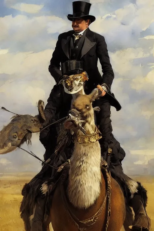 Prompt: portrait of a respectable dignified royal business elite politician wearing a top hat and coat tails riding on an emu, art by anders zorn, wonderful masterpiece by greg rutkowski, beautiful cinematic light, american romanticism by greg manchess, jessica rossier