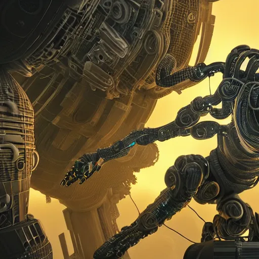 Prompt: aerial view of a robot doing a surgery on a black man with long curly hair, 3d render inspired art by P. Craig Russell and Barry Windsor-Smith + perfect facial symmetry + dim volumetric lighting, 8k octane beautifully detailed render, post-processing, extremely hyperdetailed, intricate futuristic mechanic parts, epic composition, grim yet sparkling atmosphere, cinematic lighting + masterpiece, trending on artstation