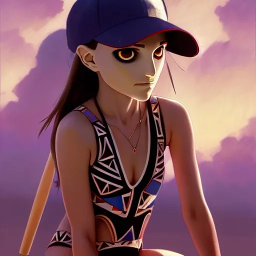 Prompt: beautiful boyish natalie portman gravure model in majora's mask, wearing wooden mask and baseball cap and leotard, street wear with subtle mayan patterns, aztec bathing suit, gapmoe yandere grimdark, trending on pixiv fanbox, painted by greg rutkowski makoto shinkai takashi takeuchi studio ghibli, akihiko yoshida