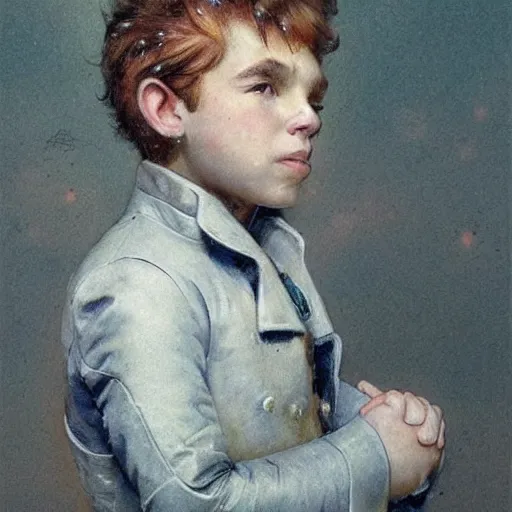 Image similar to (((((portrait of boy dressed as retro space explorer in an actionpose . muted colors.))))) by Jean-Baptiste Monge !!!!!!!!!!!!!!!!!!!!!!!!!!!