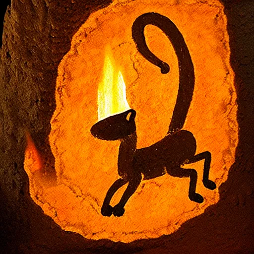 Prompt: paleolithic cave painting, illuminated by fire