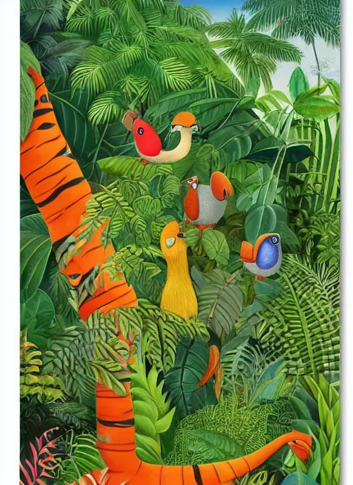 Image similar to rare bird in the jungle, highly detailed, style of henri rousseau and richard scarry and hiroshi yoshida