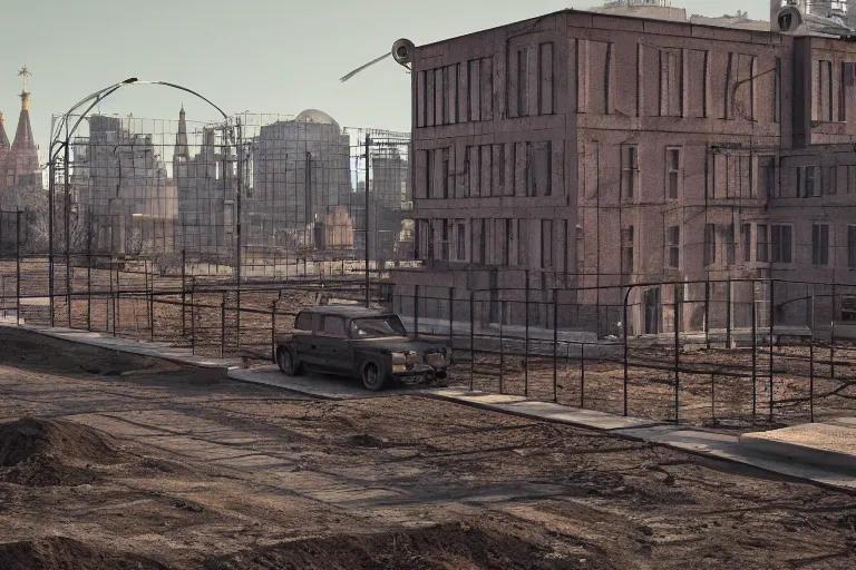 Image similar to a Moscow outskirts with mud and an old playground between two soviet five-storey panel houses, Brutalism, high details, cinematic, 8k resolution, beautiful detailed, insanely intricate details, artstation trending, octane render, unreal engine