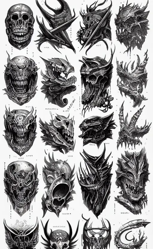 Image similar to tattoo flash sheet by greg rutkowski, by giger, by maxim verehin