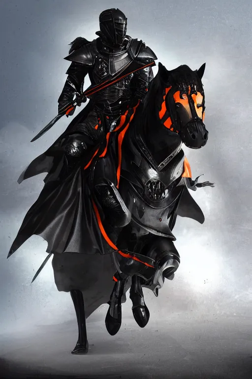 Image similar to a digital photograph of one african american knight in heavy black parmor with thin dull orange trim, wearing a black elegant cape flowing in the wind, the knight holds a black sword in one hand, riding a black horse with mechanized spiked armor, extremely detailed, extremely realistic, no bodily flaws, unreal engine, concept art, 8 k