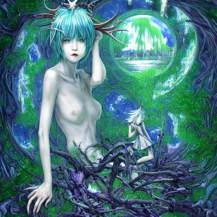 Prompt: dreamscape forest rei ayanami with horns, the moon in the woods, earth from the moon, fractal, liminal space, Japan Lush Forest, Leviathan awakening from Japan in a Radially Symmetric Alien Megastructure turbulent bismuth glitchart Luminism Romanticism by John William Waterhouse Atmospheric Cinematic Environmental & Architectural Design recusion mandelbulb fractal wisdom acrylic pouring