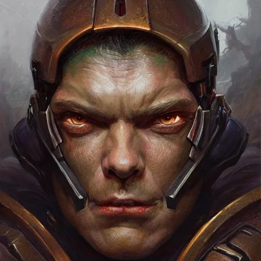 Image similar to the doomguy as a realistic d & d fantasy character, closeup portrait art by donato giancola and greg rutkowski, vintage retro, realistic face, digital art, trending on artstation, symmetry!!