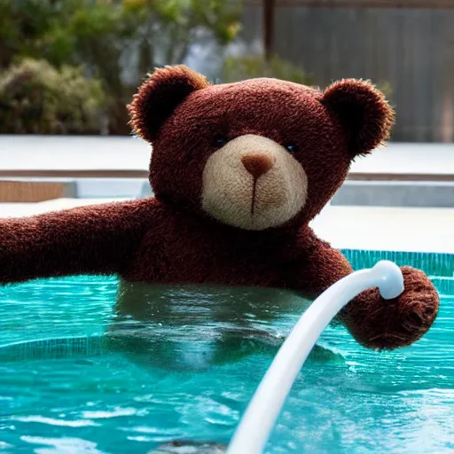 Prompt: teddy bear playing in pool