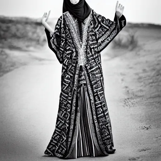 Prompt: a traditional arabic kaftan in a modern way, hedi slimane, balenciaga, fashion design, photography