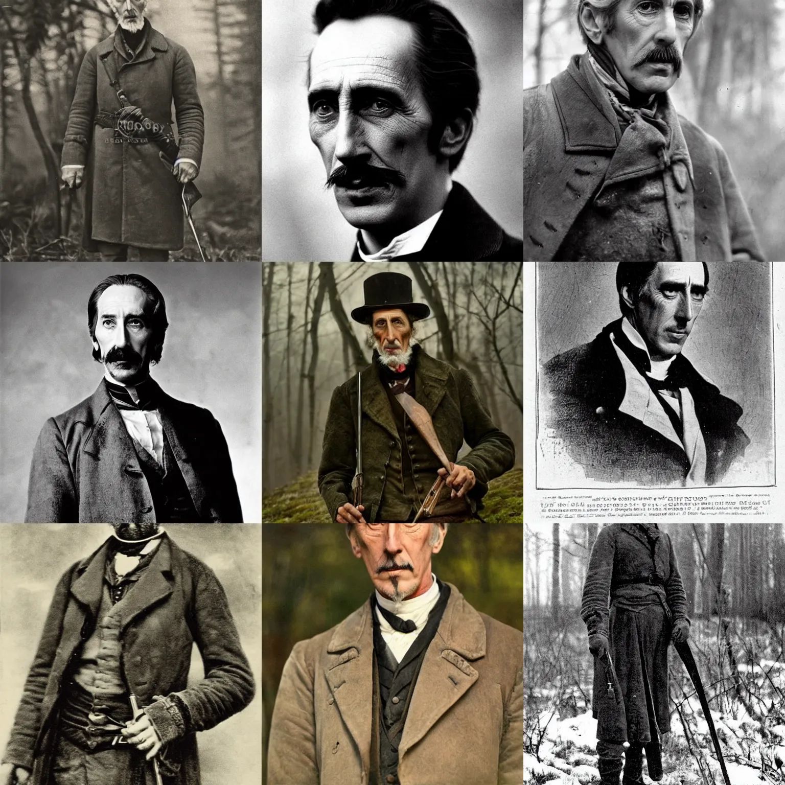 Prompt: a stiff, stark 19th century eastern european hunter with a gray goatee looks similar to Jonathan Hyde and young Christopher Lee. The background is a eastern european forrest. cinematic lighting, highly detailed, realistic, antique photography