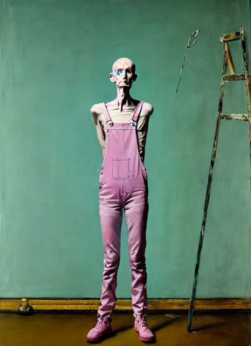 Image similar to an insane, skinny, artist wearing overalls, expressive painting the walls inside a grand messy studio, depth of field, hauntingly surreal, highly detailed painting by francis bacon, edward hopper, adrian ghenie, glenn brown, and james jean, soft light 4 k in pink, green and blue colour palette, cinematic composition,