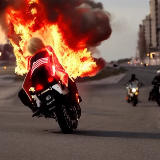 Image similar to Donald Trump on a motorcycle with fire coming out of the exhaust, cinematic lighting