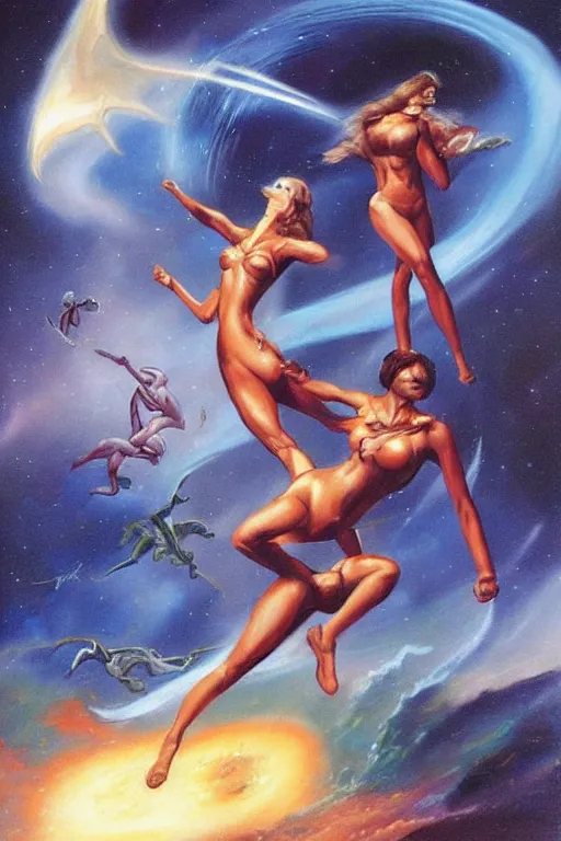 Image similar to Boris Vallejo art of a beautiful female cosmonaut fighting an alien.