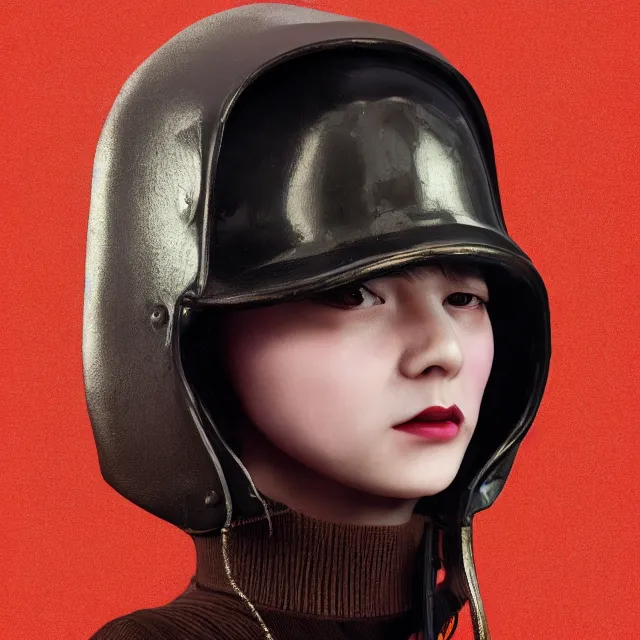 Image similar to highly detailed close portrait of androgynous girl wearing bakelite leather jacket, bakelite rocky mountains, japanese haunted forest, by hsiao - ron cheng and artgerm, modular synthesizer helmet backpack, the grand budapest hotel, glow, no crop, digital art, artstation, pop art, 1 0 5 mm canon, f 2. 8, kodak