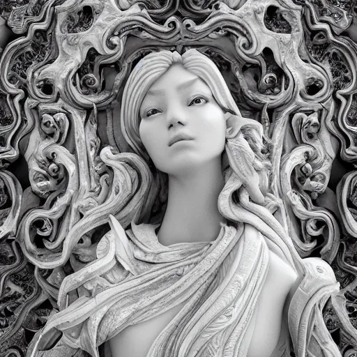 Image similar to wonderful princess made of marble, beautiful face, hyper detailed, flowing background intricate and detailed, ornate 8 k gorgeous intricate detailed, octane render, black and white