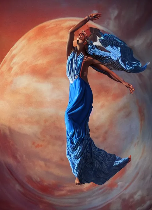 Prompt: full body portrait of beautiful goddess of mars theme inspired wearing blue and white carved details moving dress, she is floating in the air, planet mars in the background, open sky, 3 d realistic, octane render, mystical, orange fog, circle forms, iper realistic, cinematic light, paint on canvas, art by vlop