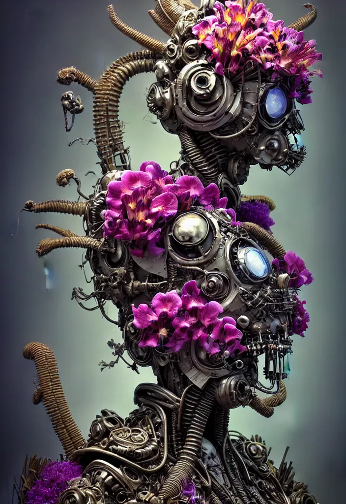 Image similar to 3 d close - up portrait of the retro futuristic robot in vintage death beath mask in mad max style clothes and crown overgrown with fungi and giant orchid flowers and giant gladiola flowers, intricate, elegant, surrounded by smoke and burning. translucent nautilus, highly detailed, by wlop, tooth wu, greg rutkowski, alena aenami