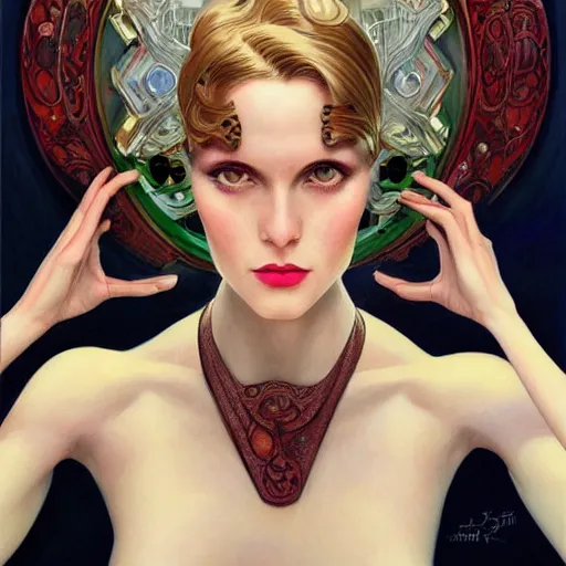 Image similar to a streamline moderne, art nouveau, multi - ethnic and multi - racial portrait in the style of charlie bowater, and in the style of donato giancola, and in the style of charles dulac. intelligent, expressive, very large eyes. symmetry, ultrasharp focus, dramatic lighting, photorealistic digital painting, intricate, elegant, highly detailed, symmetrical.