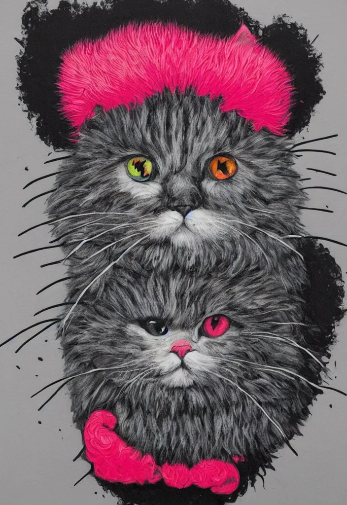 Image similar to fluffy cat with an afro comb t - shirt design, by jules julien, alex yanes, dark grisaille monochrome neon spraypaint, ironic surrealism, hypebeast