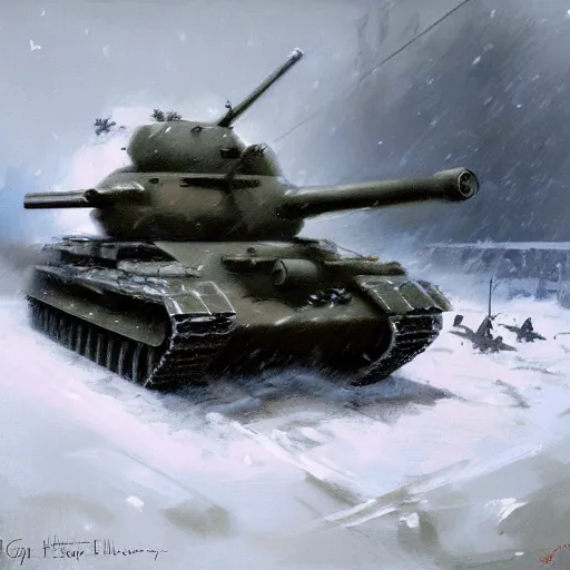 Image similar to greg manchess painting of a tank fight in the world war two in winter with a heavy snow storm, painting, trending on artstation, by huang guangjian and gil elvgren and sachin teng