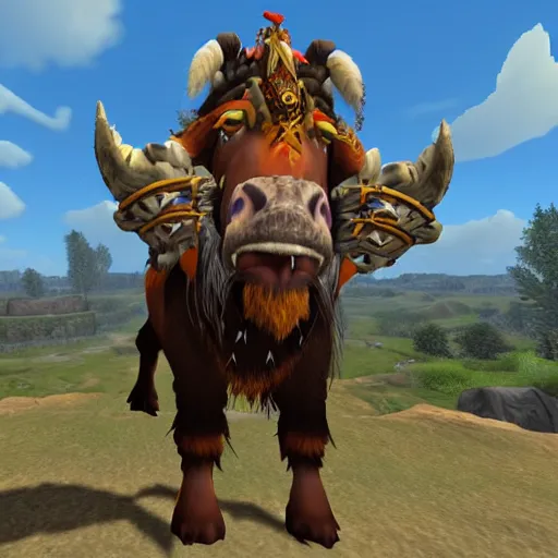 Prompt: a tauren standing in thunder bluff, awe inspiring