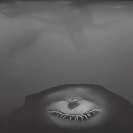 Prompt: a gigantic cyclope emerging from underwater, gazing to the darkened sky, old 3 5 mm, black and white, photorealistic