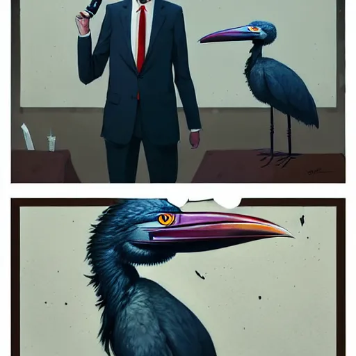 Image similar to a realistic photo of anthropomorphized shoebill stork wearing suit and tie, photographic realistic background, by atey ghailan, by greg rutkowski, by greg tocchini, by james gilleard, by joe fenton, by kaethe butcher, trending on instagram, award winning details